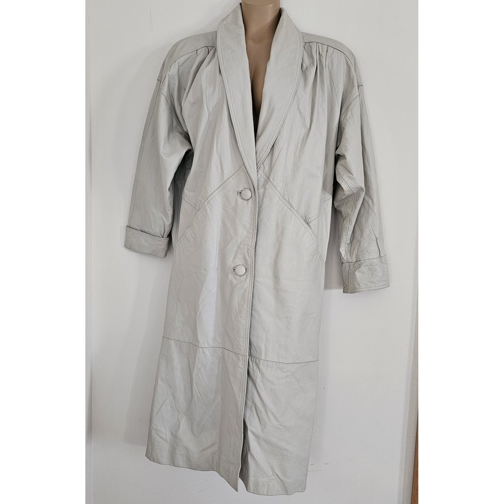 Vtg Jacqueline Ferrar Cream Leather Full Length Coat Oversize‎ Women's S